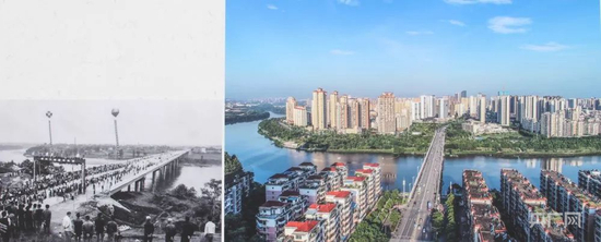  20世纪90年代的武龙大桥（左）和改造提升后的武龙大桥（右）（央广网发 赣州市委网信办供图）