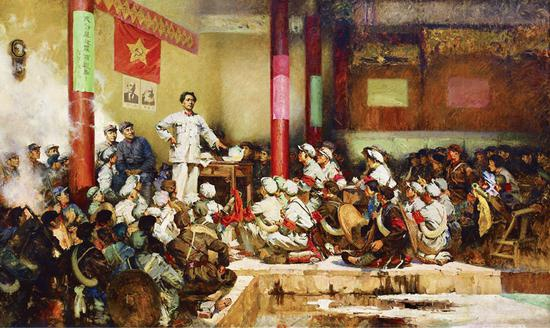 1929年12月下旬，中国共产党红军第四军第九次代表大会即著名的古田会议，在福建省上杭县古田村召开。这是反映古田会议的油画。 新华社发