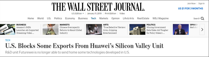 美国封堵华为在美国硅谷子公司的部分出口，截图来自华尔街日报