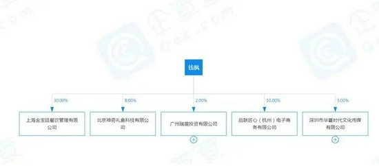 钱枫目前直接关联的企业及持股比例。企查查截图