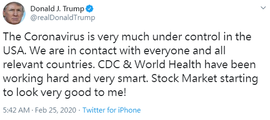  特朗普2月25日发推特称美国疫情控制地很好。