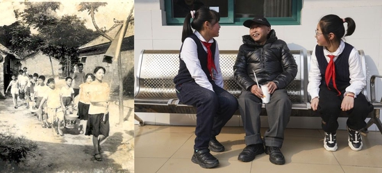 左图：20世纪60年代，金沙小学五（2）雷锋中队队员帮助军烈属打水（新华社发）；右图：2023年2月24日，金沙小学学生们和当地敬老院老人聊天（新华社记者 季春鹏 摄）（拼版照片）。