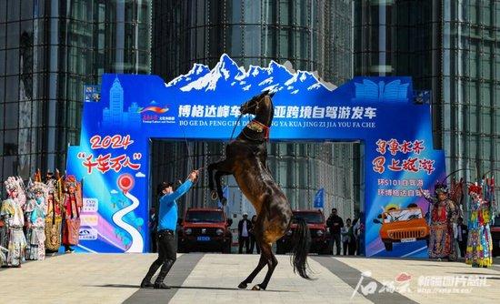 4月20日，乌鲁木齐市文化中心，汗血宝马为游客表演助兴。石榴云/新疆日报记者 周鹏摄