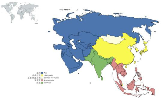 　　亚洲近视人群分布，黄色为高度近视高发国家和地区 图片来源：The&nbsp;epidemics&nbsp;of&nbsp;myopia：&nbsp;Aetiology&nbsp;andprevention