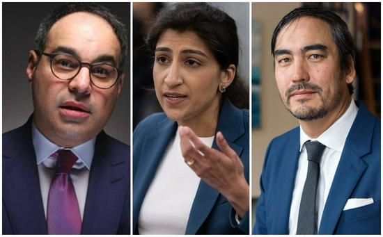 　　左起：美国司法部反垄断事务负责人被提名人乔纳森·坎特（Jonathan Kanter）、美国联邦贸易委员会主席莉娜·汗（Lina Khan）、总统科技与竞争政策特别助理吴修铭（Tim Wu）
