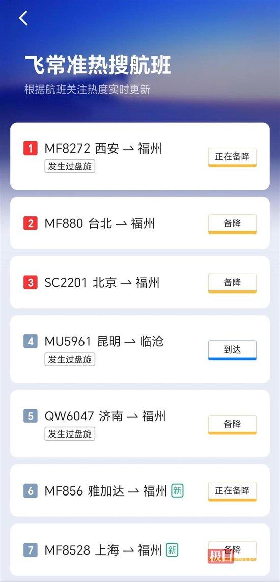 飞常准APP热搜航班显示，多个航班发生备降