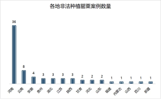  各地非法种植罂粟案例数量分布。 数据来源：裁判文书网公布的2020年1月至2021年4月宣判案例&nbsp;