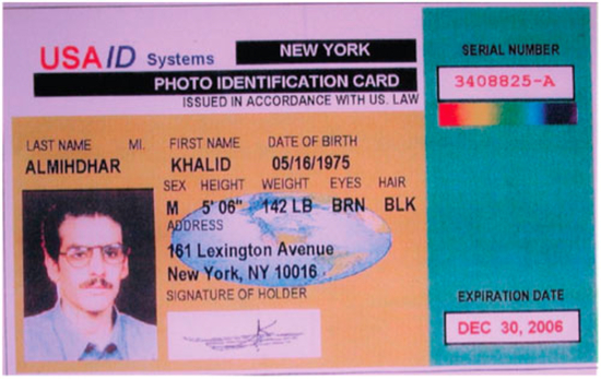 19名劫机犯中Almihdhar的伪造身份证（图源：美国移民研究中心）