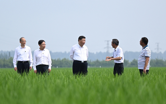▲ 2022年6月8日，习近平总书记在四川省眉山市东坡区太和镇永丰村高标准水稻种植基地考察，了解水稻试验育种和种植推广情况。