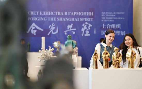2025年7月23日，2025上合组织国家文明对话在天津举行，参会者在“合光共塑”上合组织国家雕塑展上参观。新华社记者 李然 摄