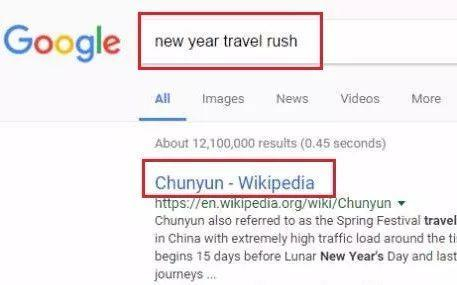 ▲首个搜索结果为wikipedia的“春运（Chunyun）”词条