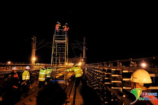  刘帅和同事沿着接触网进行设备检修。冬季低温、严寒，检修却不能有一丝懈怠。中国青年网记者　刘尚君摄