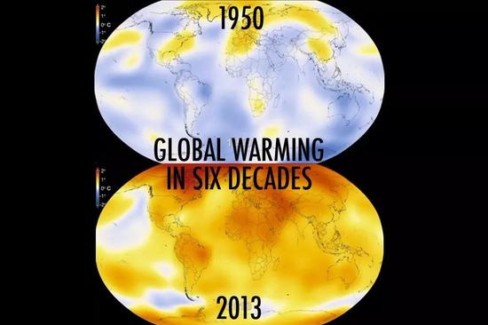 ▲1950年~2013年，60年间全球温度变化 &nbsp; 图据NASA