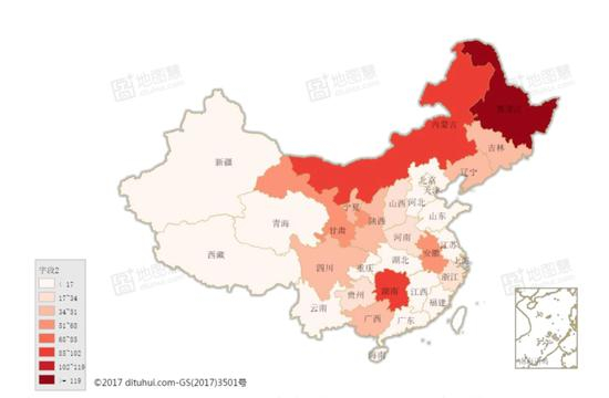 2017 年全国各省水源地累计超标次数（点击查看大图）