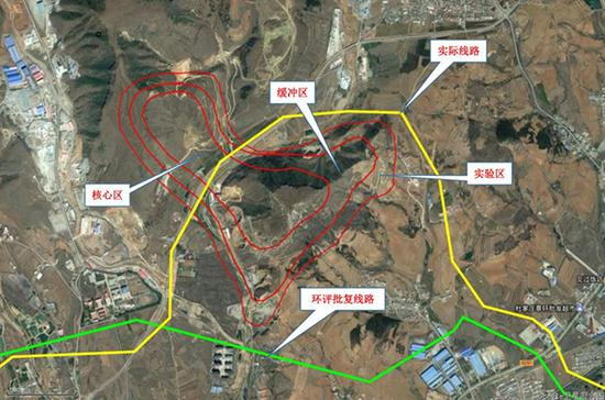 　　图1 中石油锦州—郑州成品油管道项目环评批复线路（绿线）和实际线路（黄线）与柳江盆地地质遗迹国家级自然保护区（红线）的位置关系图