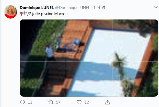 一张航拍图被网友放大，展现马克龙新修的游泳池。（图片来源：推特）