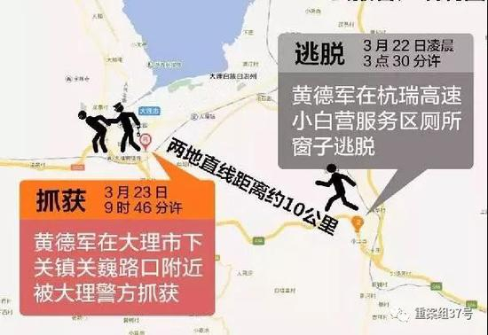 ▲黄德军逃脱和落网地点位置关系图。&nbsp;&nbsp;&nbsp;&nbsp;图片来源/云南网