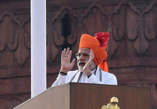 当地时间2018年8月15日，印度新德里，印度总理莫迪在独立日庆祝活动上讲话。 视觉中国 图