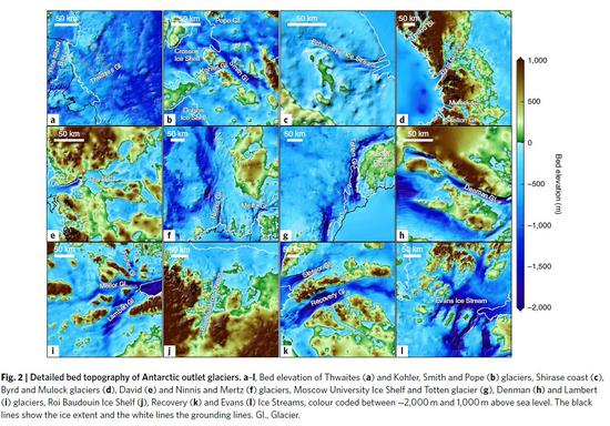 南极冰川详细河床信息，图h代表登曼冰川所在地 《自然·地球科学》&nbsp; 图