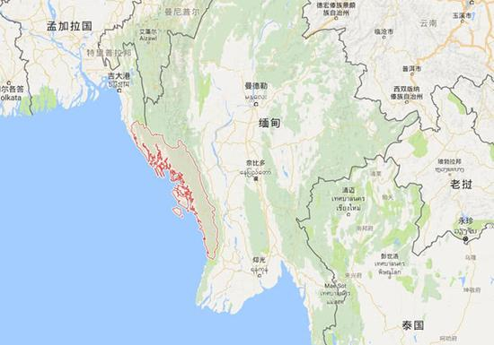 红色部分为若开邦&nbsp; 资料图