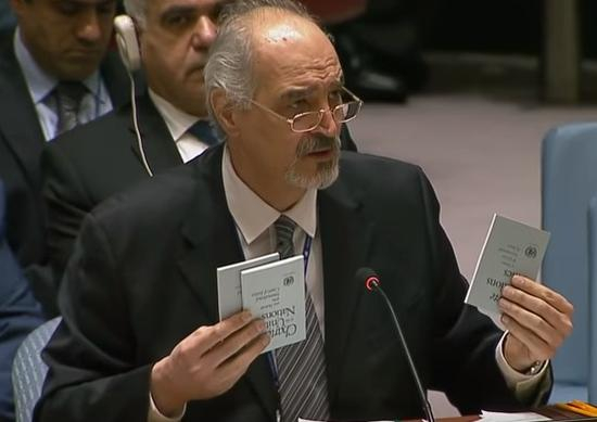 贾法里在会上掏出《联合国宪章》 视频截图