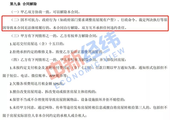 　　▲张玲（化名）与蛋壳公寓签署的租房合同中，关于“政府行为（如政府部门要求调整房屋现有户型）”的约定。受访者供图