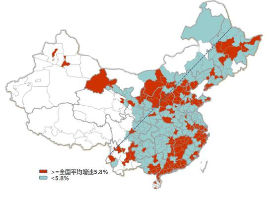 2000-2010年我国地级市常住人口增速对比图