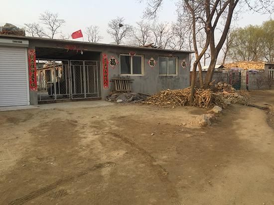 嫌疑人家的水泥平房（左）和被害人家稍矮的绿门房子（右）。 澎湃新闻记者 于亚妮 图