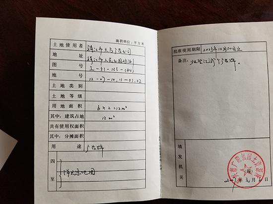 方骥宏的大方广告公司在泰兴竖立两块“高炮”广告，已取得集体土地建设用地使用证。 方骥宏 供图