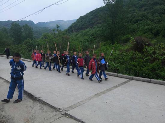 少林寺景区内,某武校学生在上武术课。