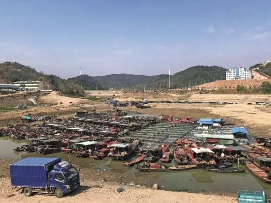 　　在都昌县印山码头附近，鄱阳湖水位下退后，在湖面和码头之间隔出了一个内湾。枯水期间，很多渔船停在这里。摄影/本刊记者 霍思伊