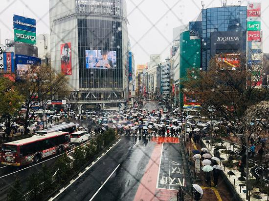 下暴雨的工作日，涉谷十字口依旧人声鼎沸。 澎湃新闻记者 王昕然 图（摄于2019年）