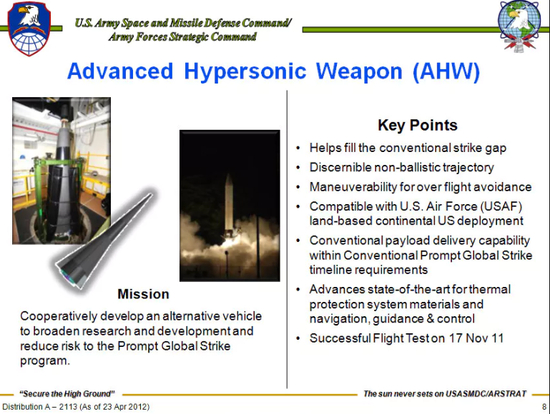 美国陆军的“高级高超音速武器”计划 图源：美国陆军