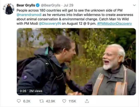 　　《荒野求生》主持人贝尔·格里尔斯在推特上宣布印度总理莫迪将参加节目的消息。图/贝尔·格里尔斯推特