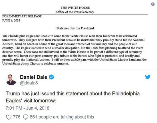 　老鹰队白宫行被取消。