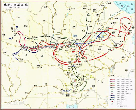 绿林赤眉军前后期活动示意图（图源：百度百科）