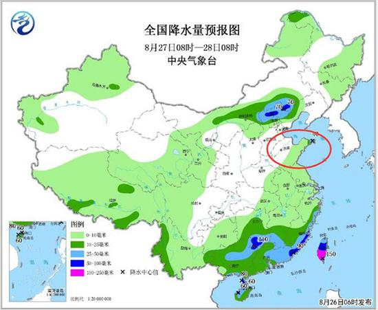 全国降水量预报图（8月27日08时-28日08时）