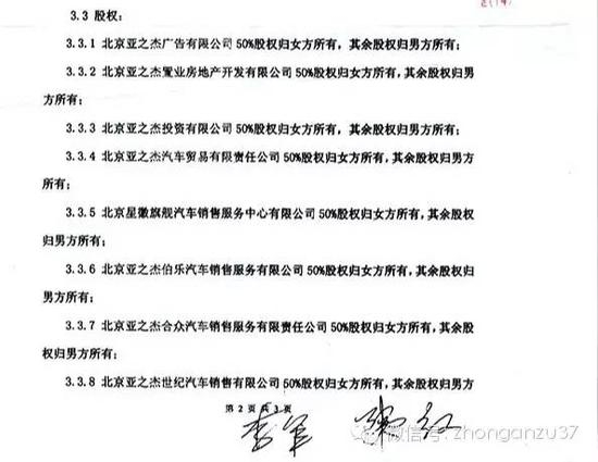 在李军的微博中，重案组37号(微信ID:zhonganzu37)探员发现，双方离婚协议书也涉及了股权方面内容