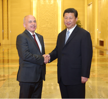 图为：2013年7月18日，国家主席习近平在北京人民大会堂会见瑞士联邦主席毛雷尔。
