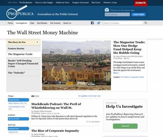 　　他们披露华尔街可疑的金融操作行为，而这些行为可能导致经济灾难，报道中还很好地使用数字工具来向读者解释复杂的金融行为