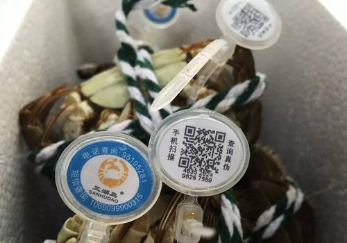 ▲京深海鲜市场，假的“阳澄湖大闸蟹”还带有二维码防伪扣。 新京报记者 大路 摄