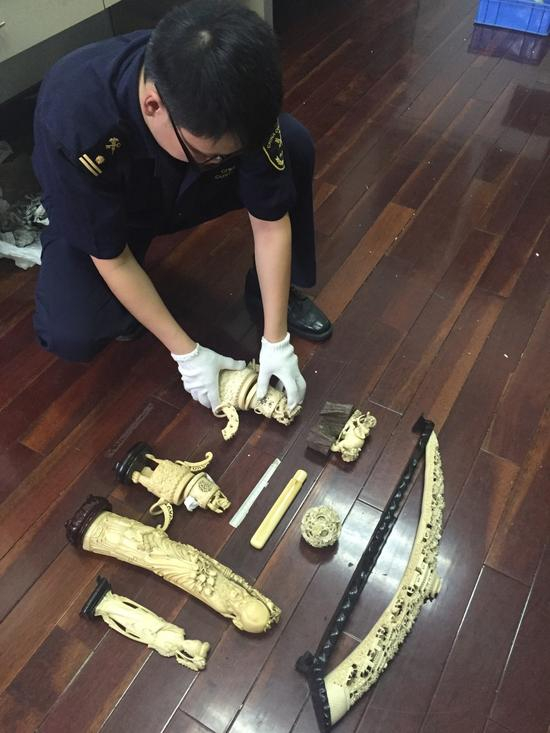 △ 资料图：石家庄海关破2016年最大象牙走私案/视觉中国