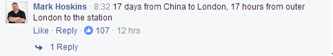 “人家17天就从中国开到英国，我住大伦敦郊区，要花17个小时才能到伦敦火车站。”
