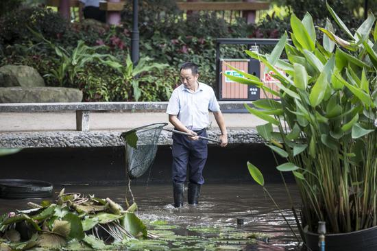 　　2015年9月15日，流花湖公园内，警察正在案发现场附近的荷花池内打捞物证，进行进一步的勘察。广报记者陈忧子摄
