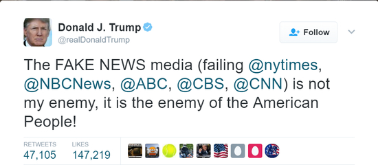 　　特朗普称假新闻媒体为“人民公敌”（图片来源：https：//twitter.com/realDonaldTrump/status/832708293516632065？ref_src=twsrc%5Etfw）