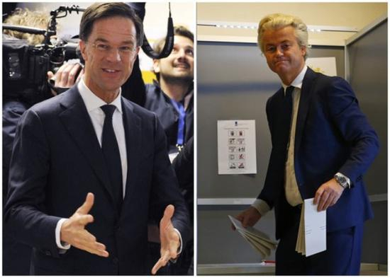 票站调查显示，吕特（左）领导的执政党抛离维尔德斯（右），赢得大选。