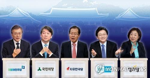 资料图：左起依次是文在寅、安哲秀、洪准杓、刘承旼、沈相奵。（图片来源：韩联社）