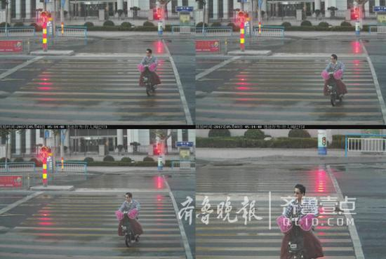 路口摄像头抓拍到的非机动车闯红灯过马路画面。（视频截图）