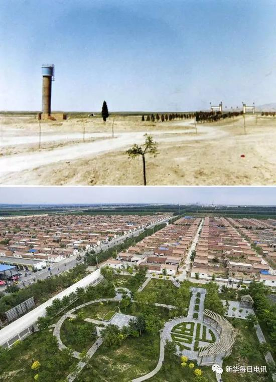 　　拼版照片：上图为宁夏永宁县闽宁镇建设初期的乡镇雏形（资料照片）；下图为2016年7月22日拍摄的闽宁镇原隆移民村（新华社记者王鹏摄）。
