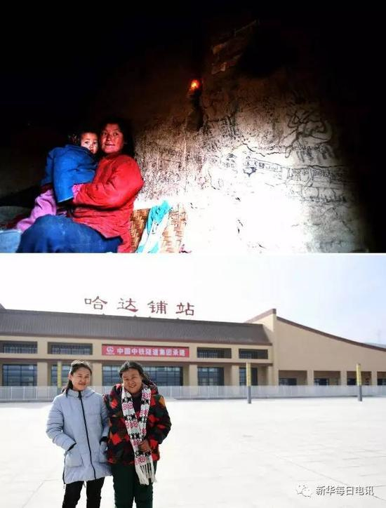 　　拼 版照片：上图为1996年，甘肃陇南市宕昌县阿坞乡农民杨尕女抱着女儿在家中合影，身后的墙上是木炭画的火车，当时从未坐过火车的杨尕女梦想有一天能坐着 火车走出大山。新华社记者 武斌 摄下图为2016年12月24日，杨尕女（右）和女儿在陇南市宕昌县新建成投用的兰渝铁路哈达铺火车站前合影。新华社记者 陈斌 摄